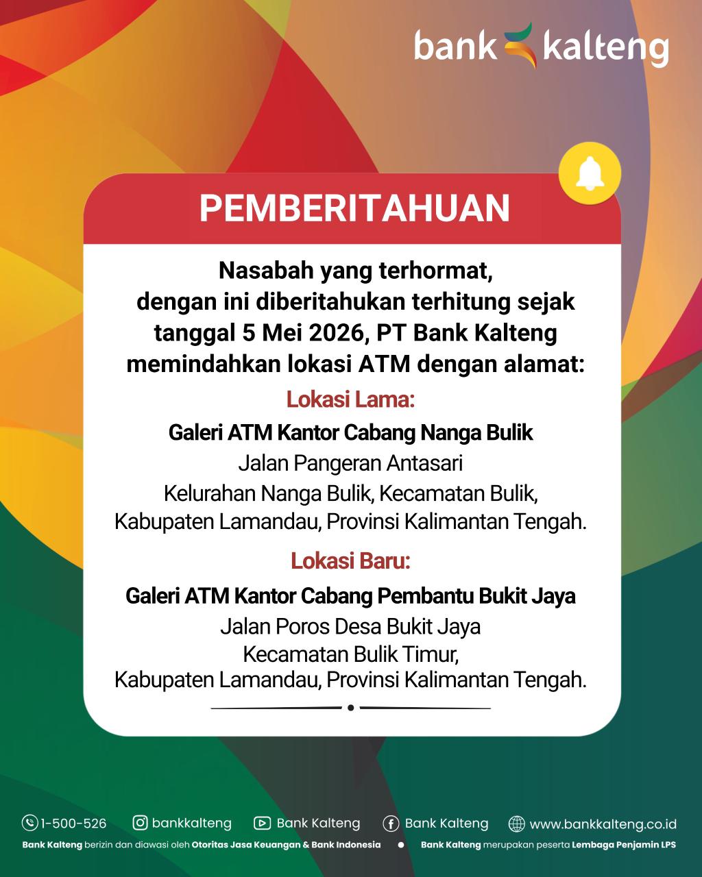Pengumuman Pemindahan Lokasi ATM Bank Kalteng
